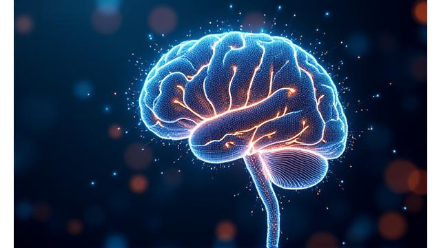 Representación abstracta de una red neuronal o un cerebro tecnológico brillante con líneas de datos interconectadas, en colores neón