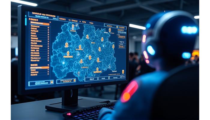 Representación de un tablero de análisis en tiempo real para esports, mostrando estadísticas de jugadores, mapa de juego y alertas de rendimiento en vivo