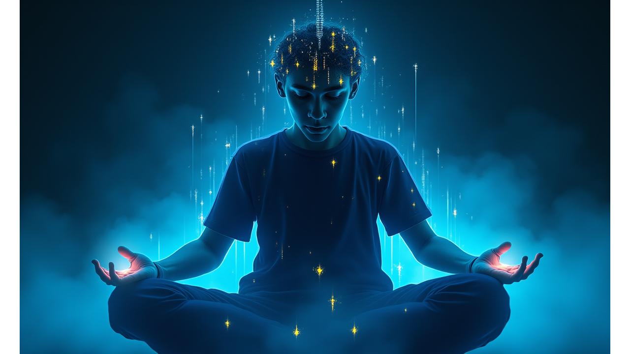 Un gamer meditando con un aura de concentración azul y dorada, mezclando elementos de juego con serenidad
