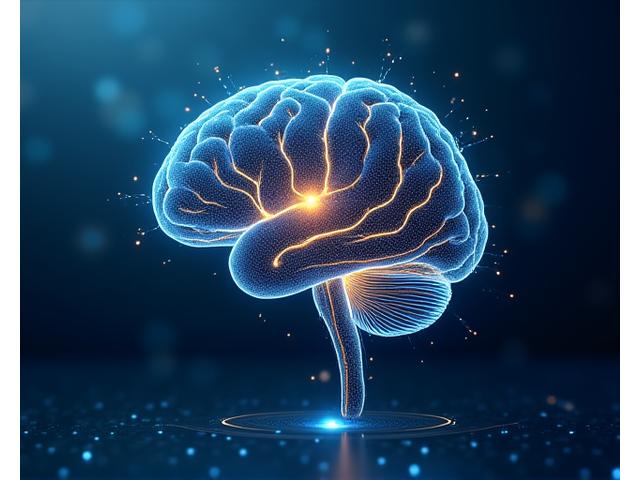 Un cerebro con nodos de conexión brillantes, representando el flujo y la atención plena en el gaming, fusionado con un paisaje digital tranquilo.