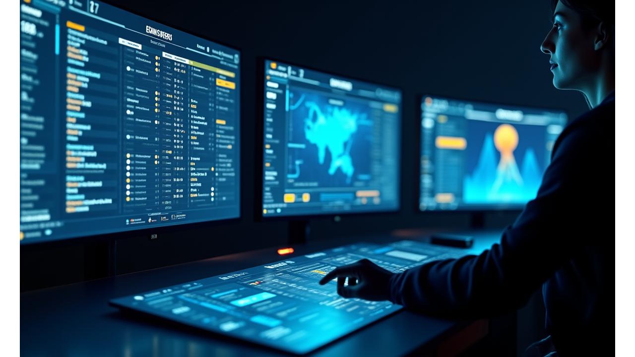 Panel de control de una liga universitaria de esports mostrando clasificaciones, estadísticas de jugadores y próximos partidos en una pantalla futurista