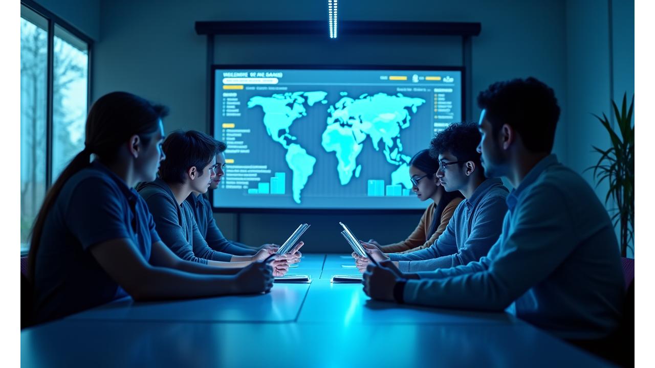 Grupo diverso de estudiantes universitarios colaborando y desarrollando habilidades de líder en un entorno de esports, con gráficos de datos de progreso visualizados en segundo plano