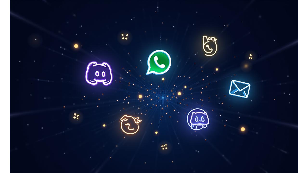 Variedad de íconos y logos de canales de comunicación digitales flotando sobre un fondo tecnológico representando interconectividad.
