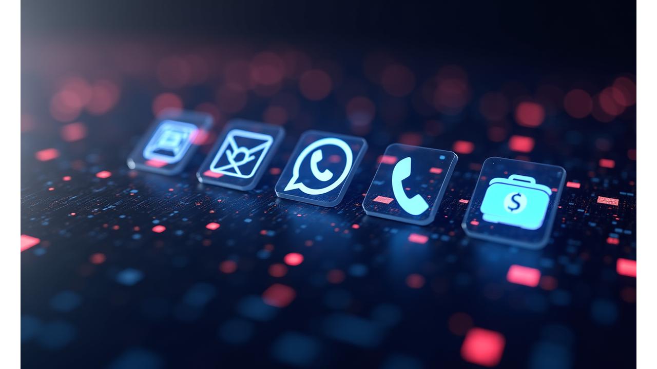 Múltiples opciones de contacto: teléfono, email, chat, redes sociales en una interfaz digital.