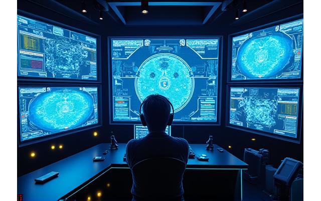 Un gráfico de una interfaz de laboratorio de simulación de esports moderna, mostrando controles de juego, datos de rendimiento y un mapa táctico.