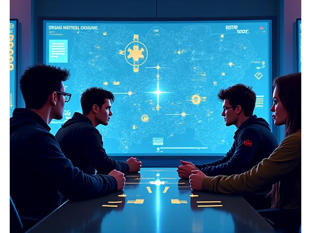 Dos estrategas de esports de Vireo Drift discutiendo un plan táctico con un equipo de jugadores en una pantalla grande de fondo, mostrando un mapa de juego.