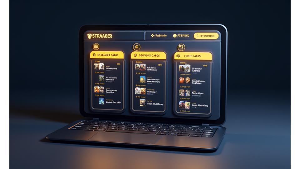 Una interfaz de usuario que muestra una biblioteca digital de estrategias de esports, con opciones de búsqueda, filtrado por juegos y estadísticas de éxito.