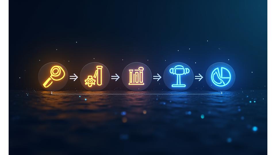 Un diagrama de flujo abstracto que representa un proceso de seis pasos, con elementos gráficos de investigación, diseño, prueba, refinamiento, implementación y evaluación estratégica en esports.