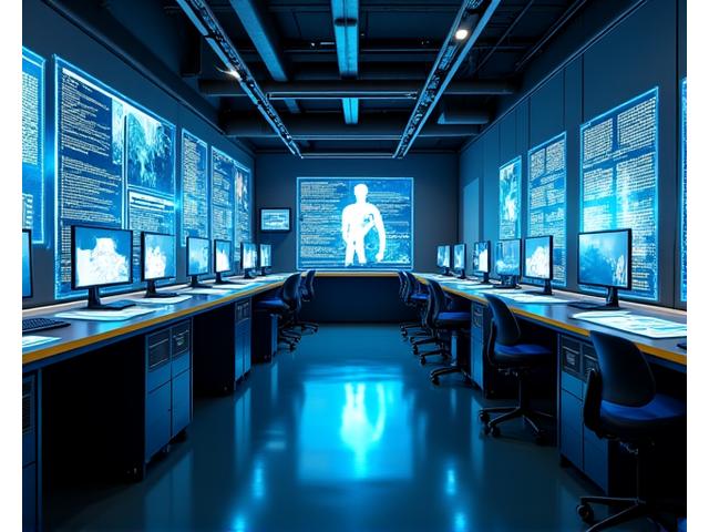 Un laboratorio de I+D futurista con pantallas holográficas que muestran código y modelos 3D de personajes de juego.