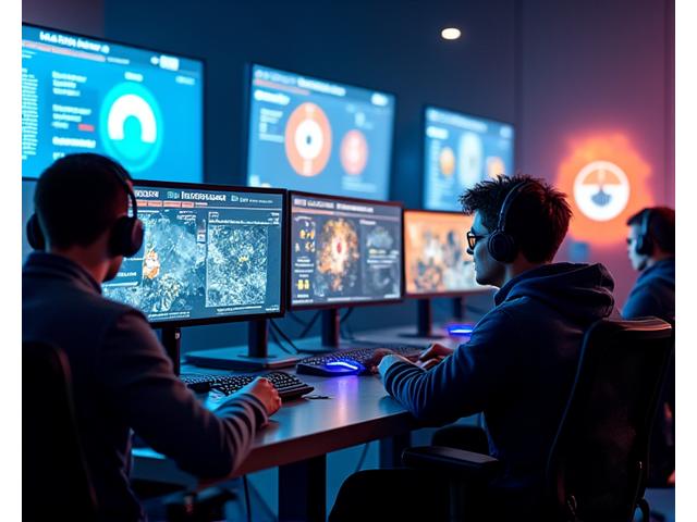 Jugadores de esports utilizando herramientas de entrenamiento de IA en sus monitores, mostrando gráficos y feedback en tiempo real.