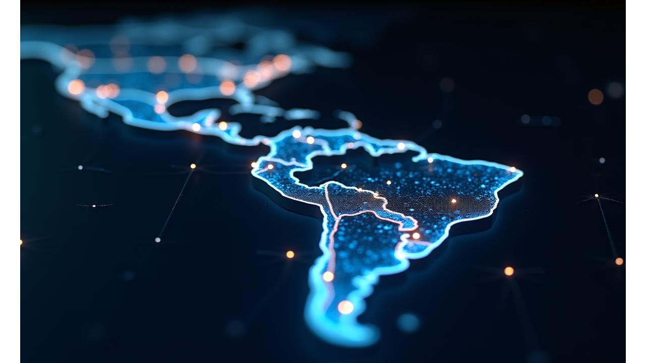 Interfaz de un calendario de torneos de esports móvil con fechas destacadas y logos de equipos latinoamericanos. Ilustración de un mapa interactivo de LATAM con puntos de luz representando eventos.