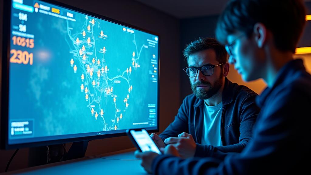 Un coach de esports móvil utilizando un software de análisis de replay con un jugador, mostrando gráficos y superposiciones en una pantalla.