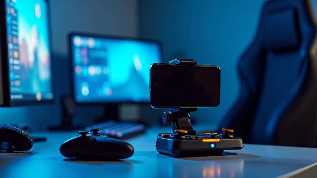 Un jugador de esports móvil con un setup ergonómico, utilizando triggers y un ventilador para móvil, en un entorno de gaming profesional.