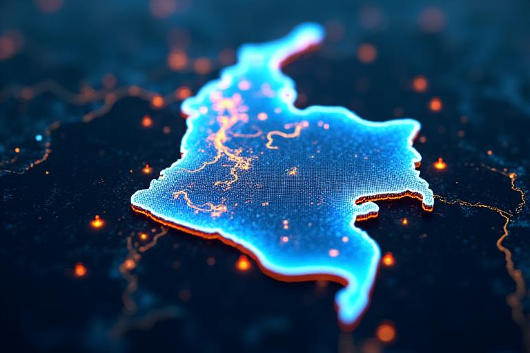 Mapa holográfico de Colombia brillando, destacando ciudades clave con iconos de gamers, proyectando un hub de esports