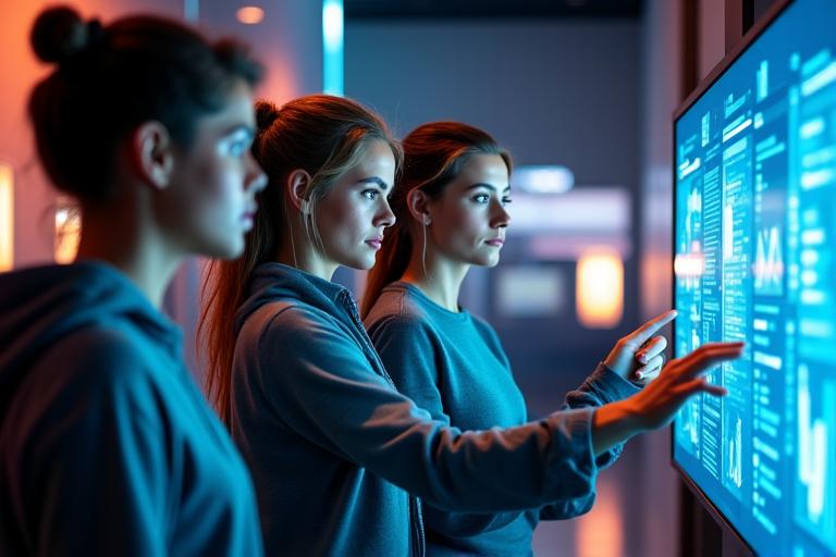 Grupo diverso de mujeres gamers reunidas alrededor de una pantalla holográfica, discutiendo estrategias de liderazgo con una mentora