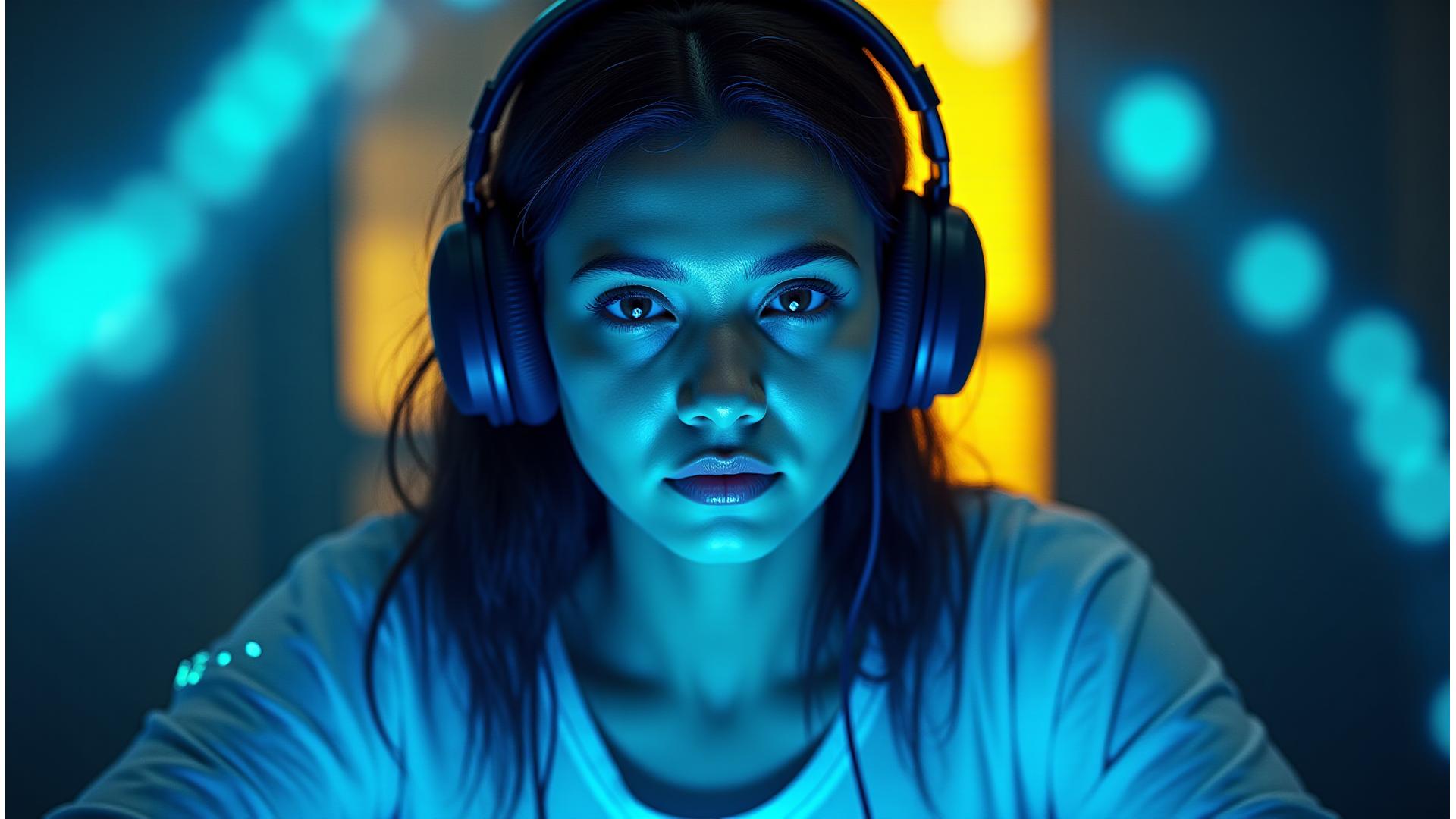 Mujeres gamers conectando en una red digital brillante, simbolizando empoderamiento y futuro en esports