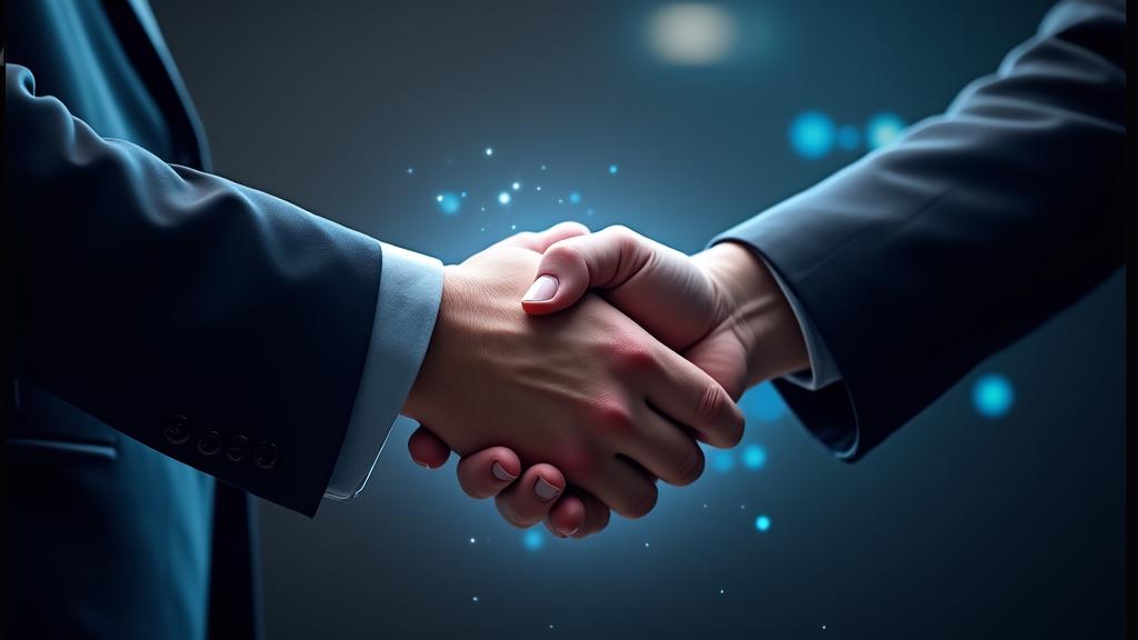 Un apretón de manos entre un coach y un jugador de esports, con un aura digital de confidencialidad y códigos de seguridad, simbolizando la confianza y el secreto profesional.