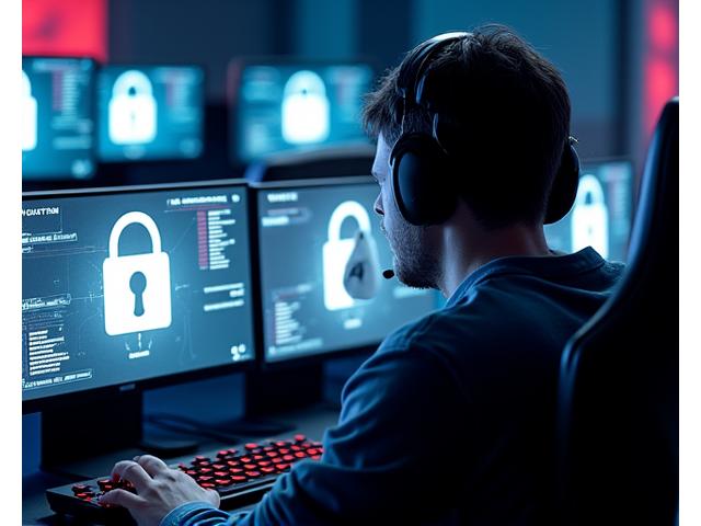 Un jugador de esports concentrado frente a múltiples pantallas con elementos digitales de seguridad y candados holográficos, representando la privacidad de datos para gamers.