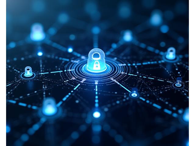 Representación digital de una red de datos segura con escudos y candados, simbolizando la encriptación y protección avanzada de la información.