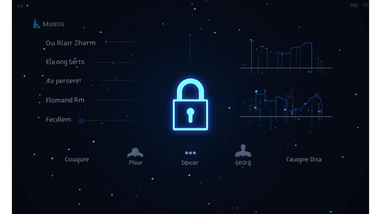 Interfaz de usuario digital mostrando un panel de control con opciones de privacidad, gráficos de datos y un icono de candado, simulando un centro de control de datos personalizado.