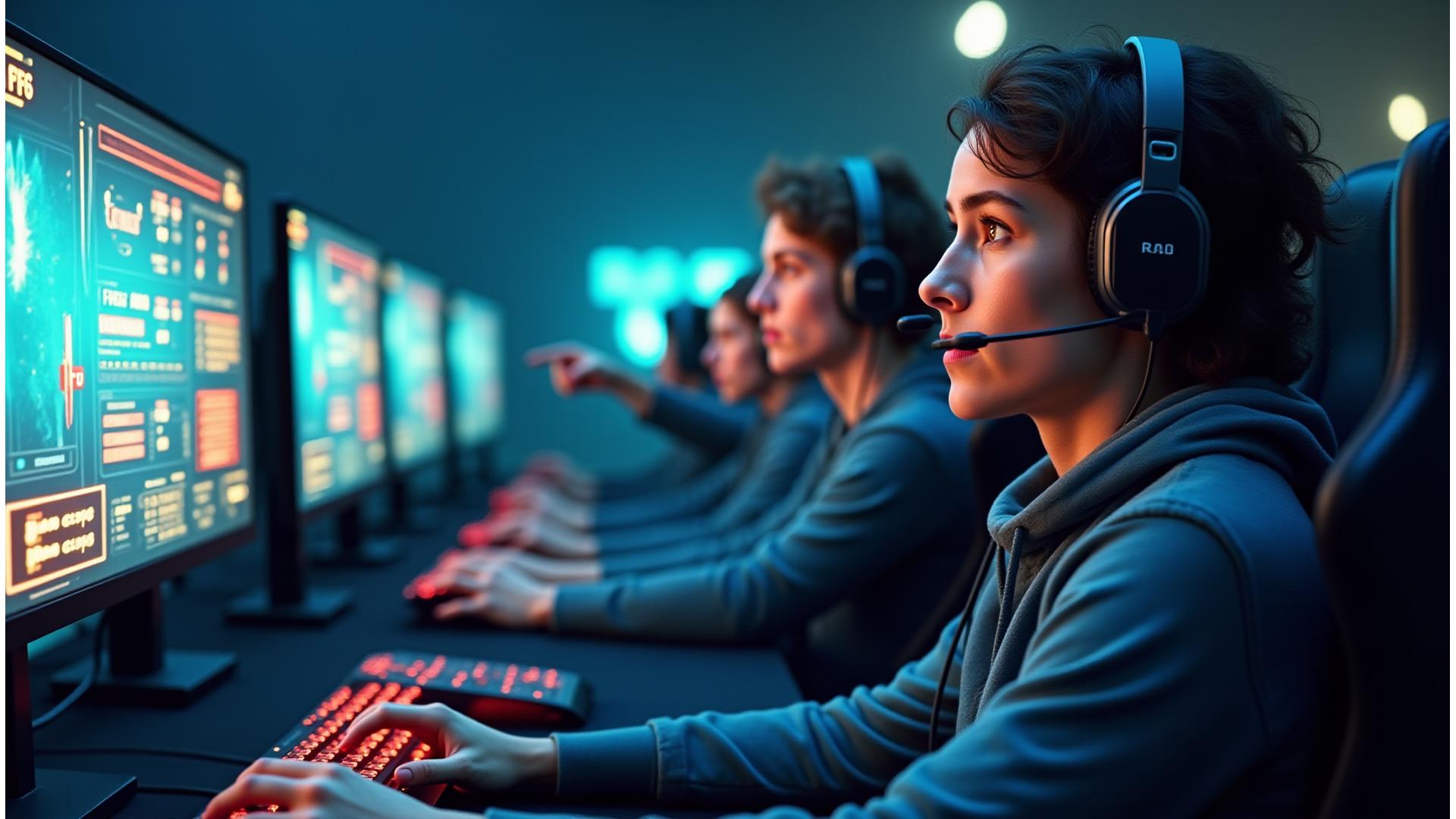Imagen de fondo de equipo de esports coordinando en un entorno virtual, resaltando la sinergia