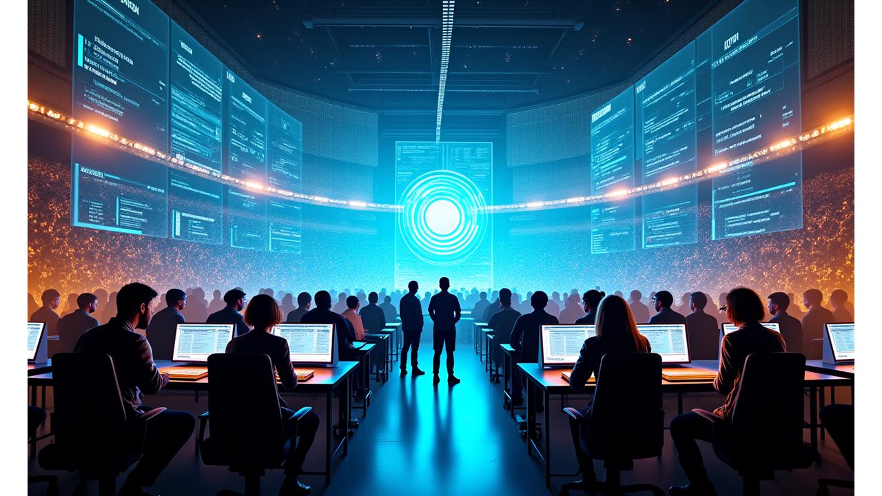 Visión futurista de un estadio de esports vibrante, equipos de gaming entrenando con hologramas y datos superpuestos