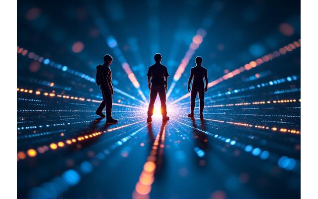 Jugadores de esports en un entorno virtual, con líneas de comunicación visualmente resaltadas, denotando claridad y estrategia.