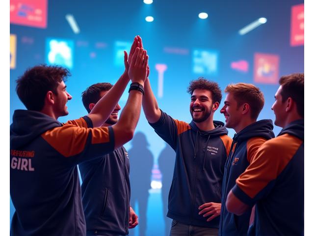 Team de esports celebrando una victoria, simbolizando la coordinación y el éxito tras los talleres de Vireo Drift.