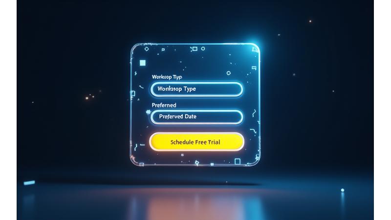 Formulario de registro de taller virtual con un diseño futurista, mostrando campos de entrada para el tipo de taller y la fecha.
