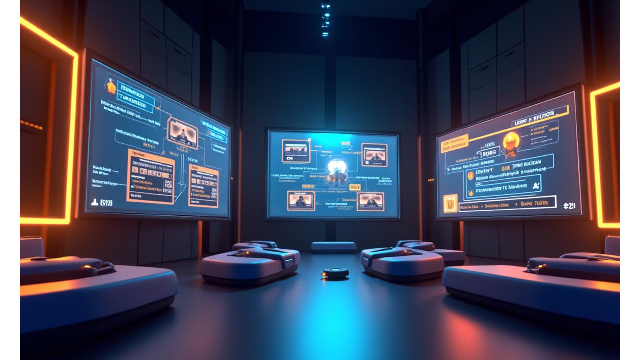 Representación de una sesión de entrenamiento virtual con múltiples pantallas y avatares interactuando en un espacio de esports.