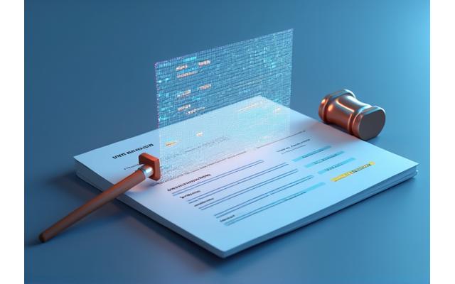 Icono de un documento en papel con un martillo de juez y una pantalla de ordenador mostrando un registro digital, simbolizando la aceptación y el seguimiento legal de los términos.
