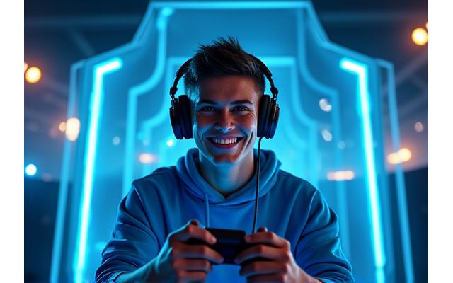 Jugador de esports sonriendo y levantando un puño en señal de victoria, con un escudo digital abstracto rodeándolo.