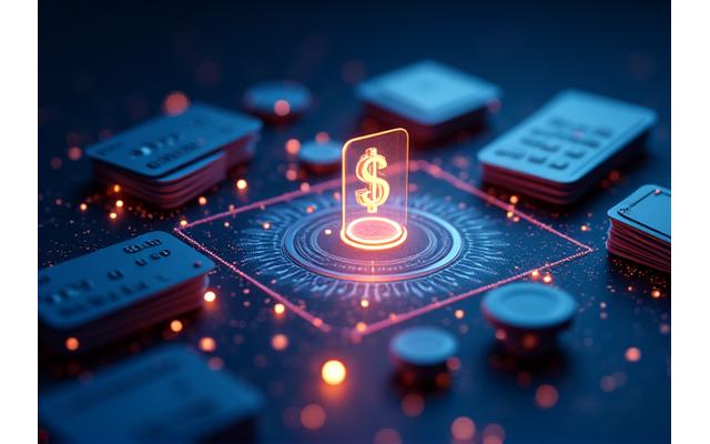 Iconos de tarjetas de crédito y billetes flotando sobre una calculadora con un signo de dólar, rodeados de elementos gráficos de seguridad y eficiencia.